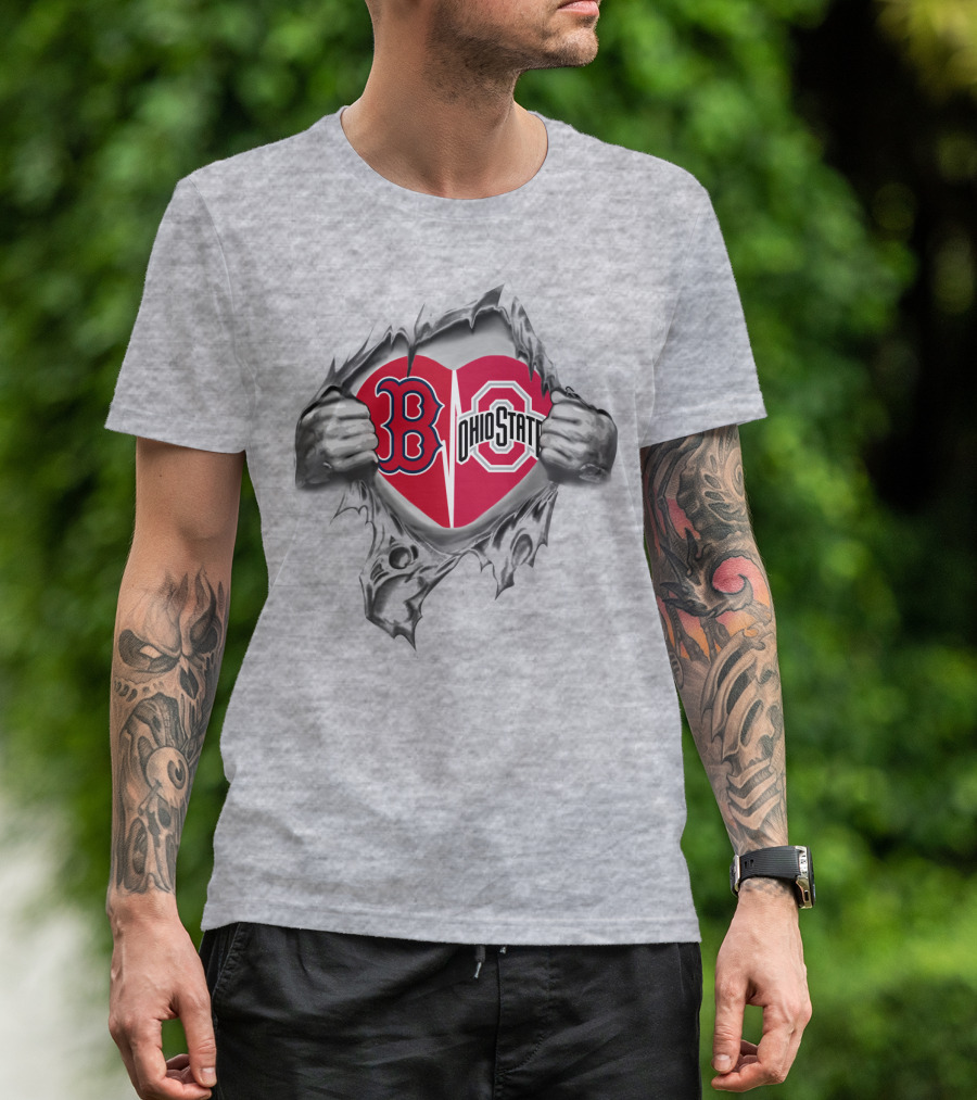Boston Red Sox Ohio State Scarlet And Gray Heart Emblem Peeling Hands T-Shirt