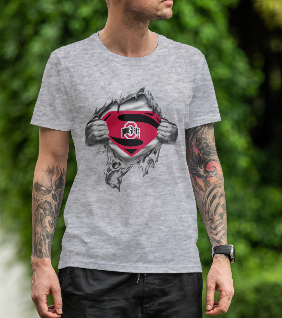 Ohio State Superman Shield Logo Silver Rip T-Shirt