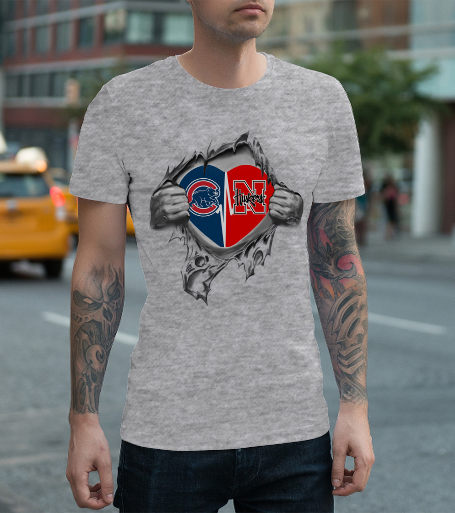Cubs and Huskers Heart Logo with Hands Ripping Gray Background T-Shirt