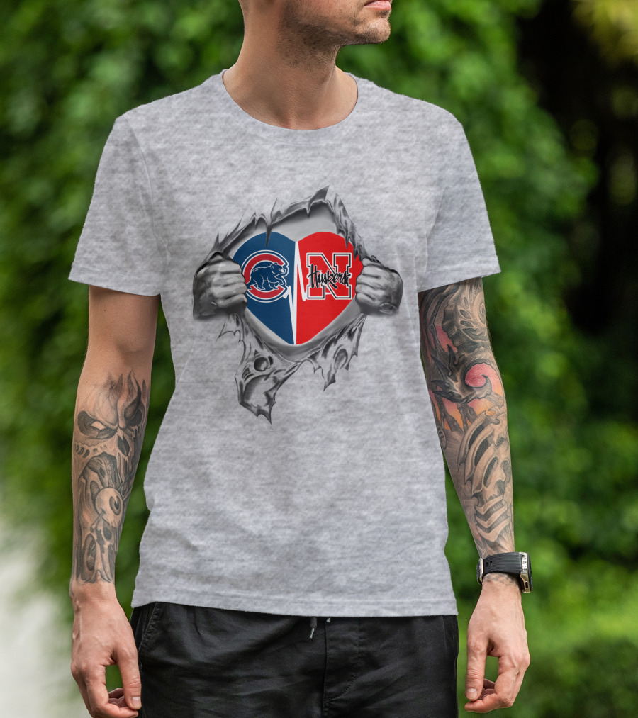 Cubs And Huskers Heart Logo With Hands Ripping Gray Background T-Shirt