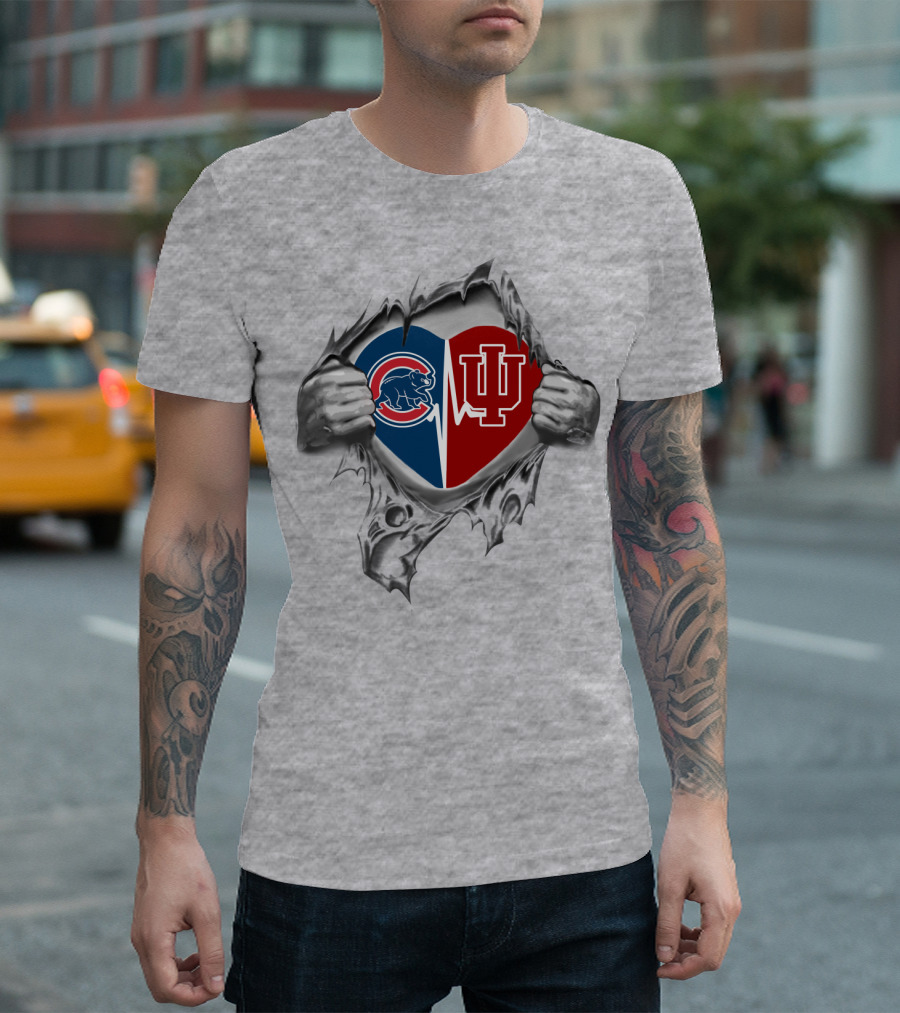 Cubs Hoosiers Heart Tear Featuring Cubs And Indiana Logos T-Shirt