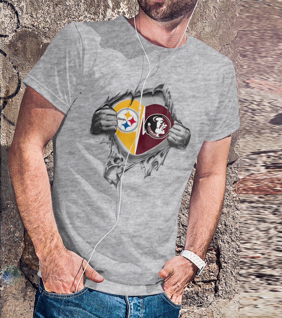 Steelers Seminoles Heart Hands Logo Under Torn Skin T-Shirt