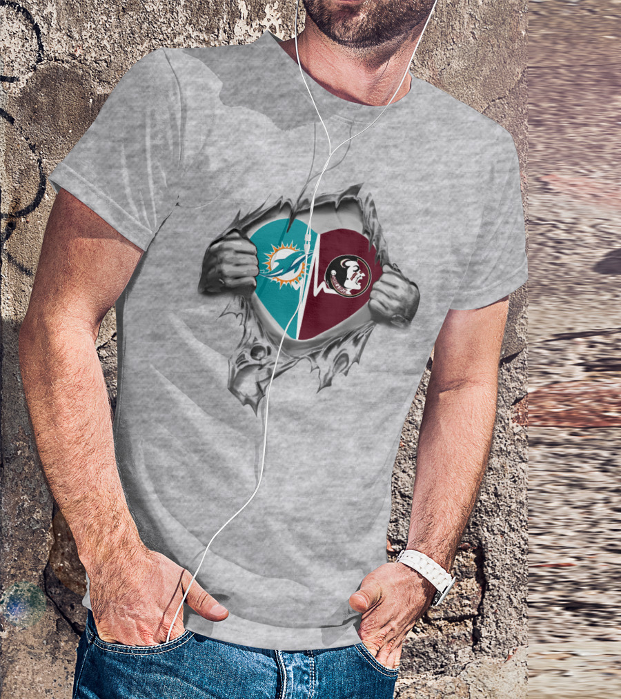 Heart Of Dolphins And Seminoles Logos Torn Open T-Shirt