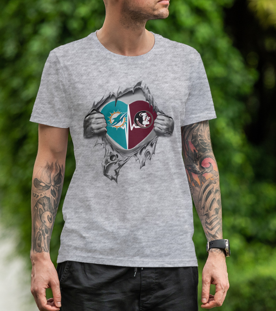 Heart Of Dolphins And Seminoles Logos Torn Open T-Shirt