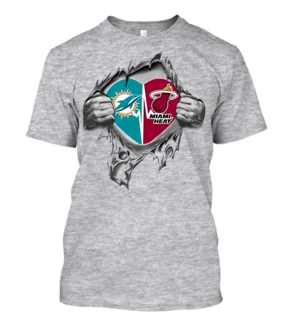 Miami Dolphins And Miami Heat Heart Torn Open Logo Passion T-Shirt