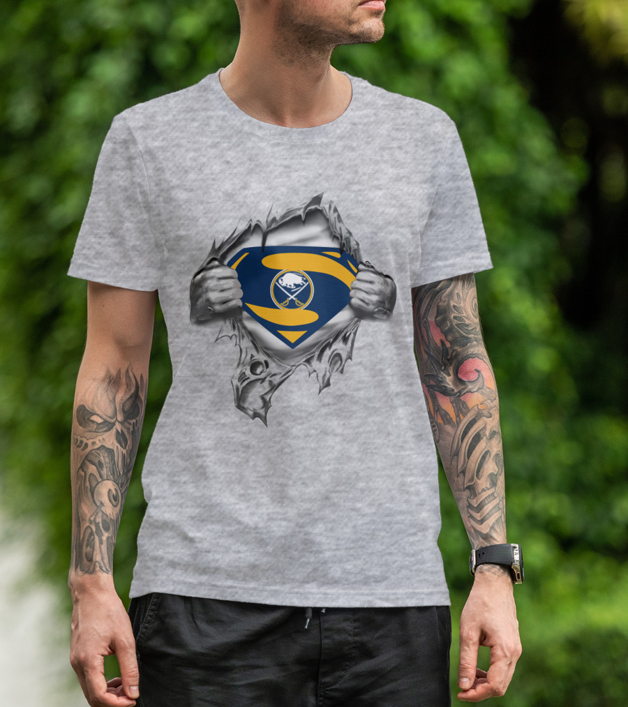 Sabres Logo Superhero Chest Breakthrough T-Shirt