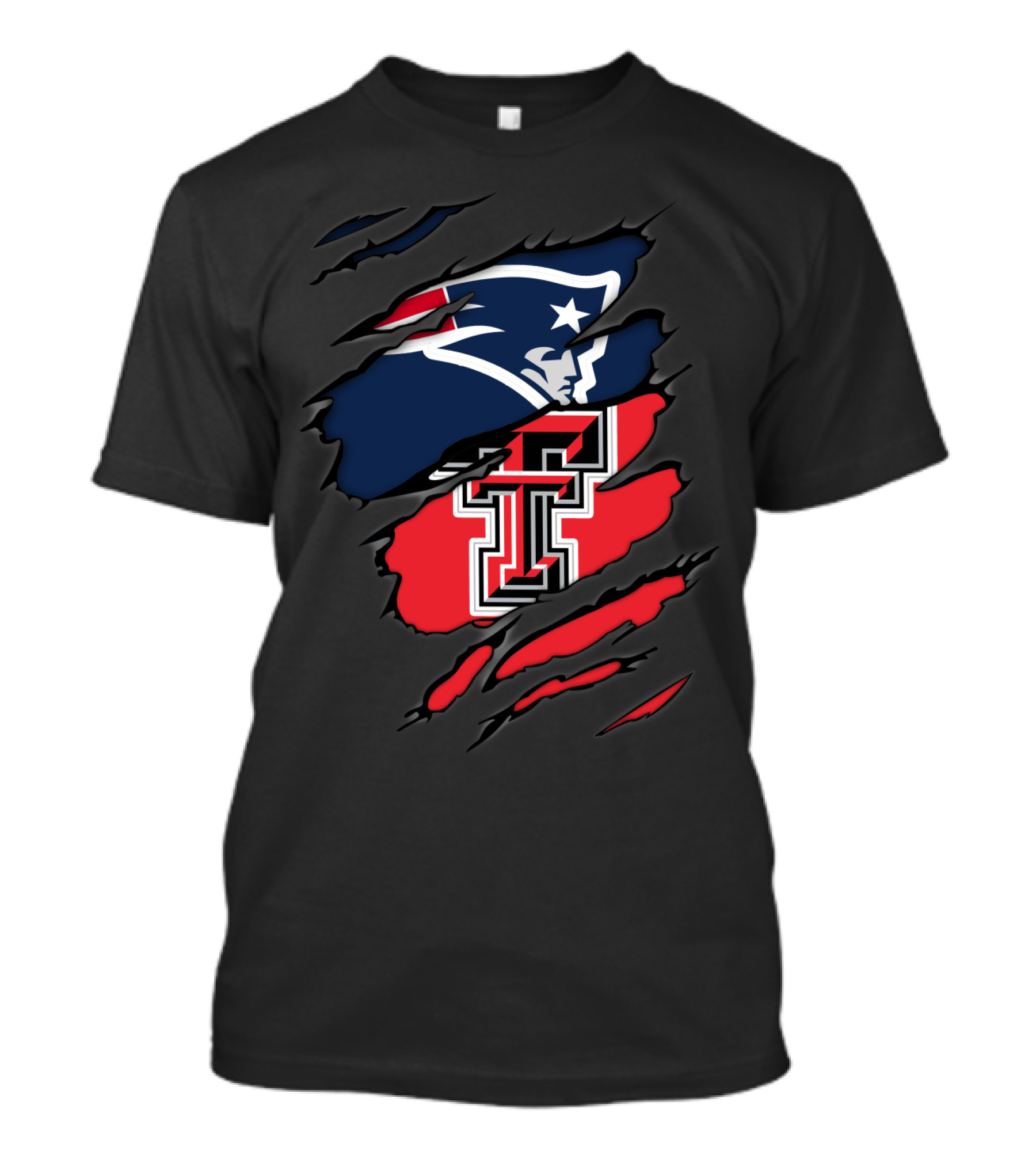 Patriots And Texas Tech Dual Logo Ripped T-Shirt