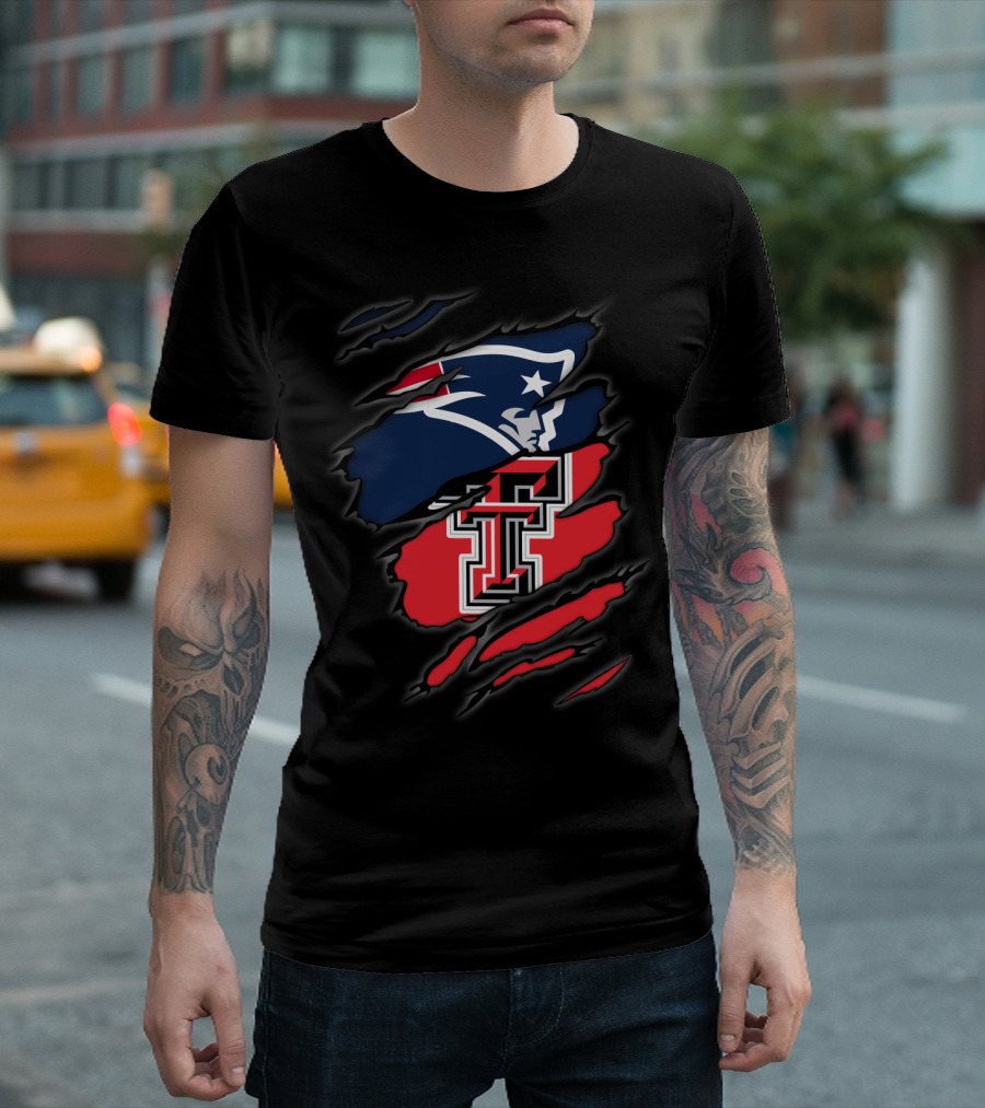 Patriots And Texas Tech Dual Logo Ripped T-Shirt