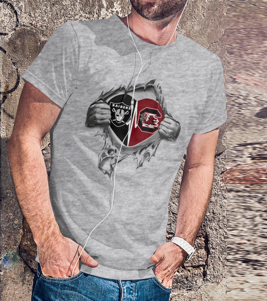 Raiders Gamecocks Heartbeat Loyalty Symbol With Torn Silver Hands T-Shirt