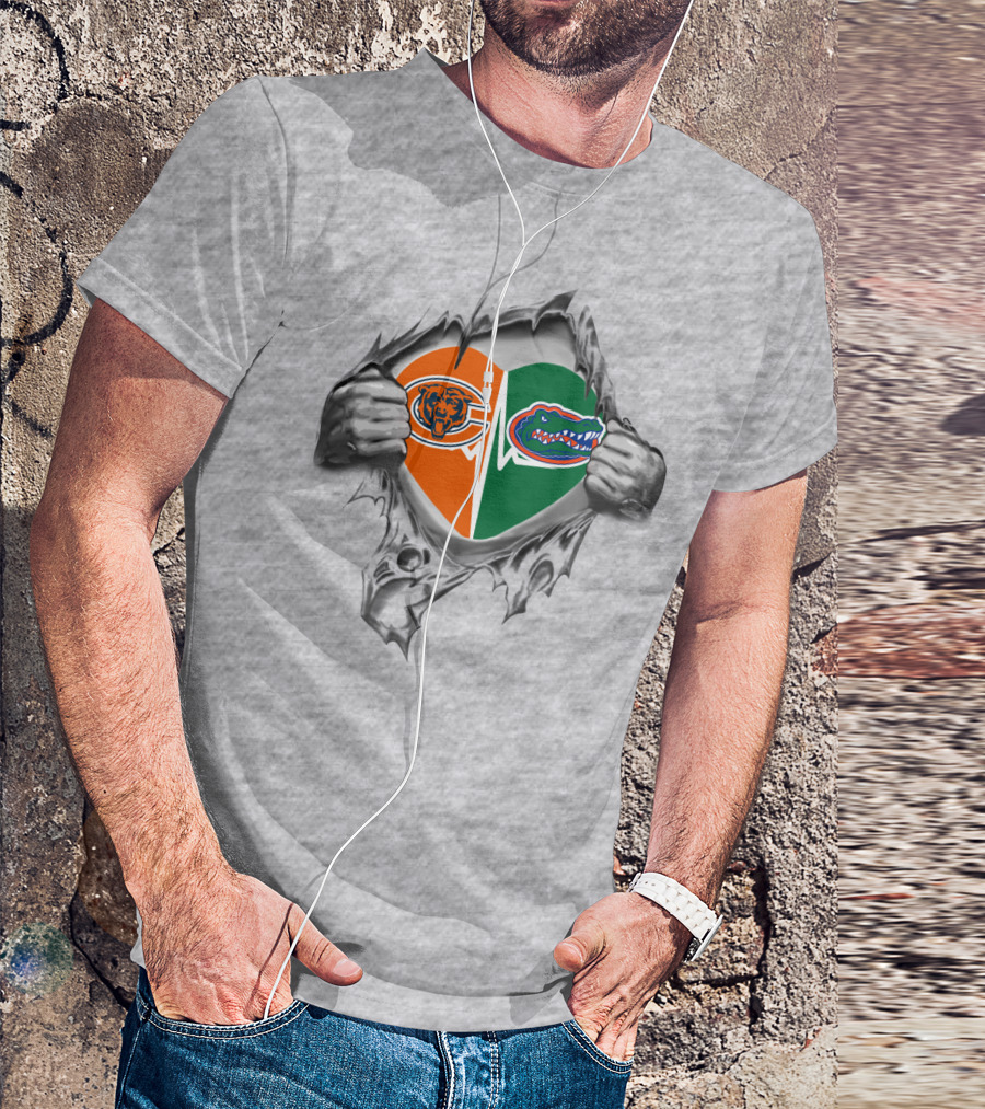 Chicago Bears And Florida Gators Heart Split With Chicago And Florida Logos T-Shirt