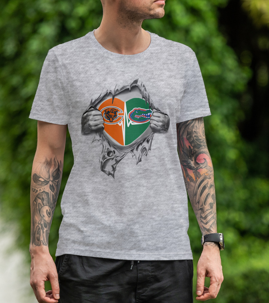 Chicago Bears And Florida Gators Heart Split With Chicago And Florida Logos T-Shirt