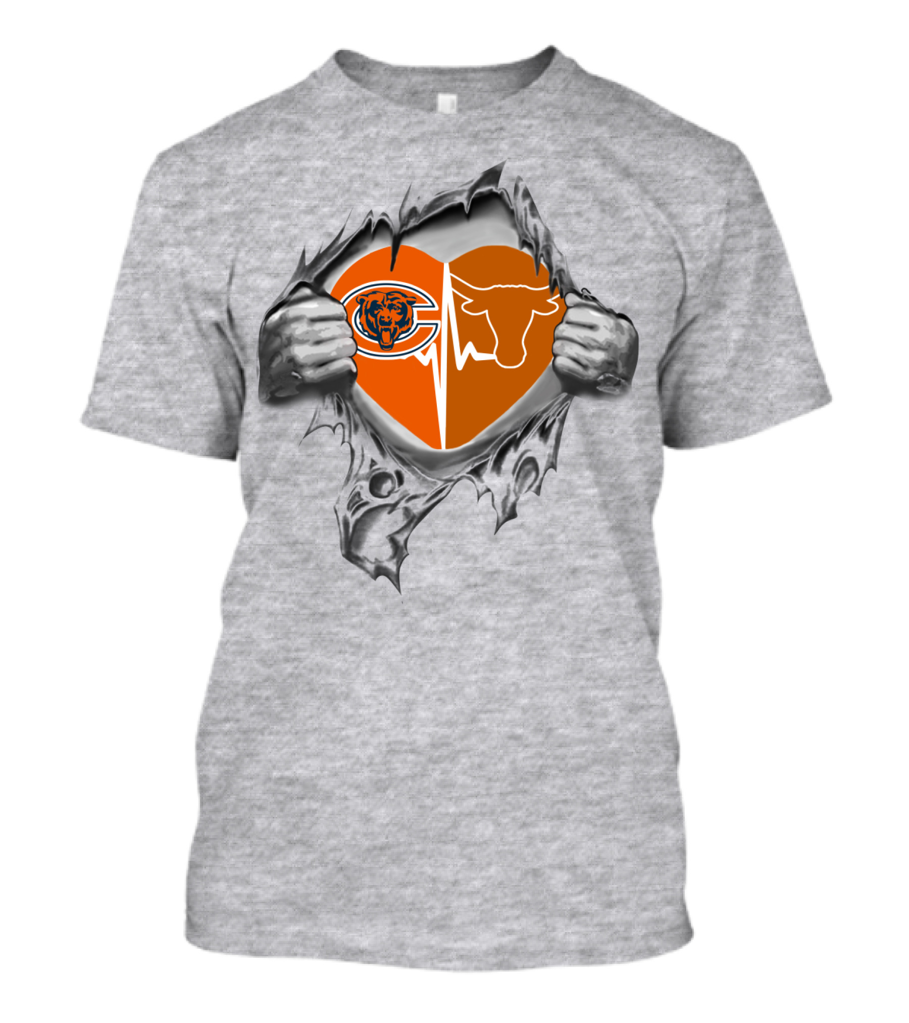Bears Longhorn Heart With Team Logos Torn By Hands T-Shirt