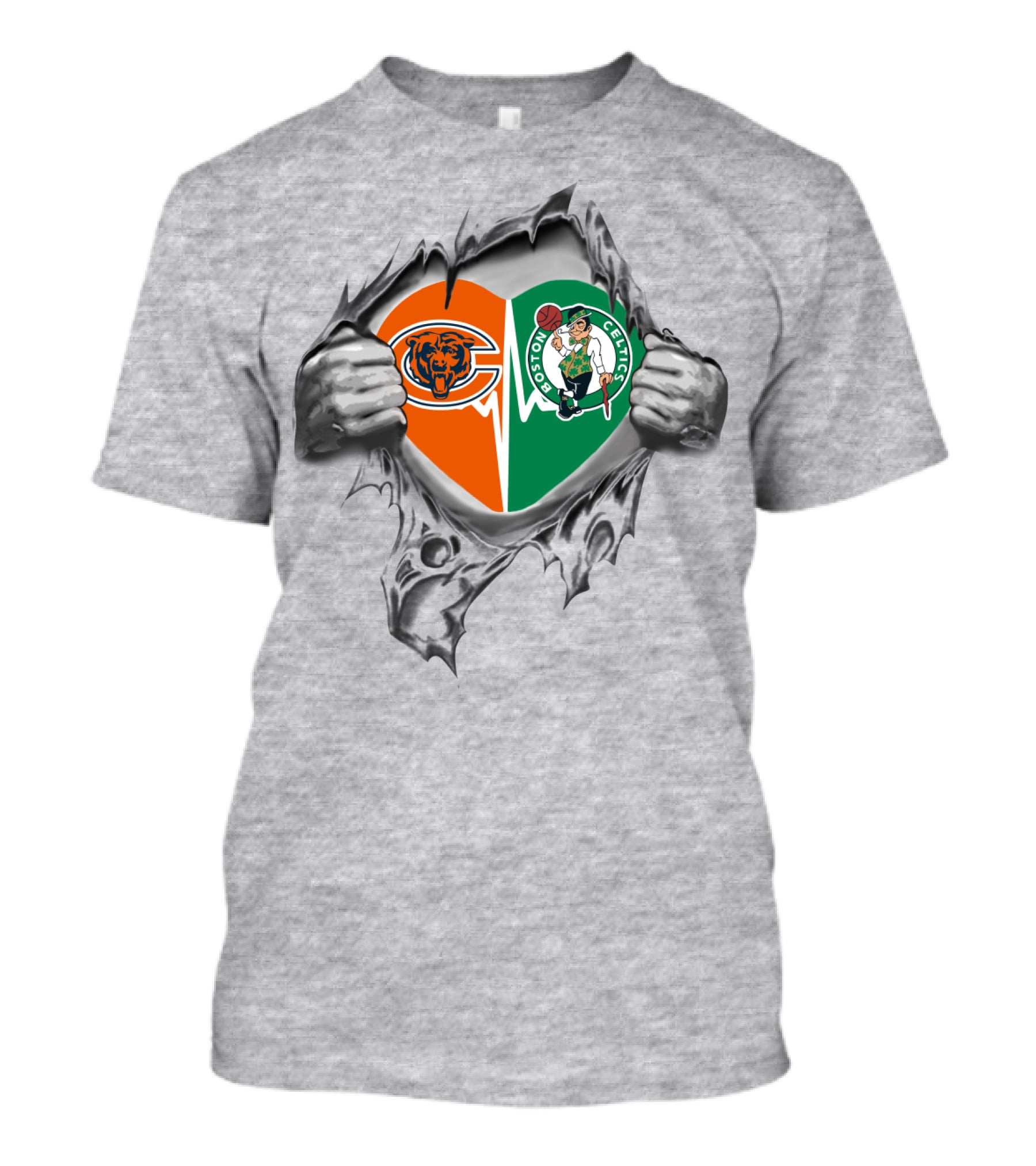 Bears Celtics Heart Logo With Hands Ripping Split Heart T-Shirt
