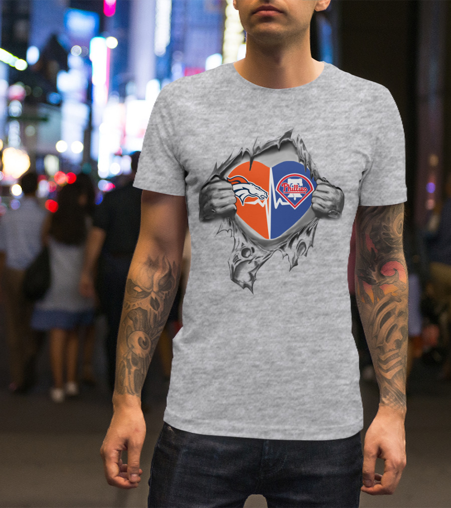 Broncos And Phillies Heart Torn Open By Hands Showing Logos T-Shirt