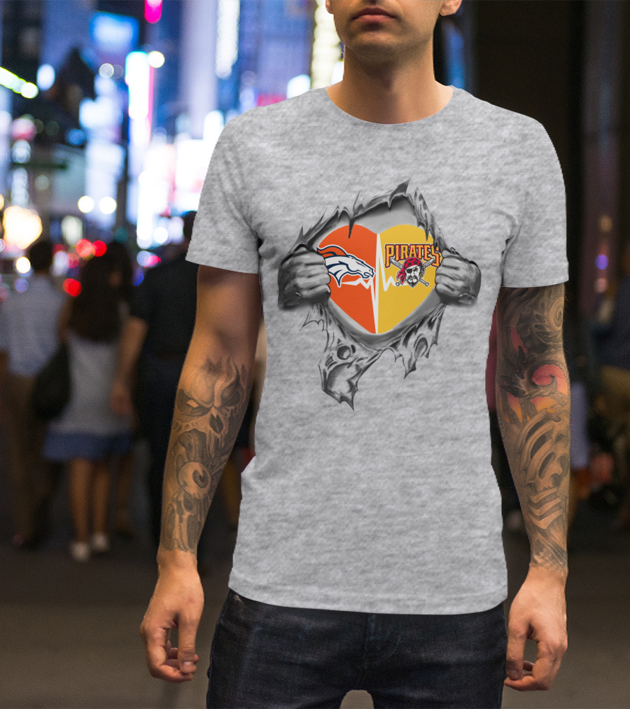Broncos Pirates Heart Torn Loyalty Sports Fans Dual Team T-Shirt