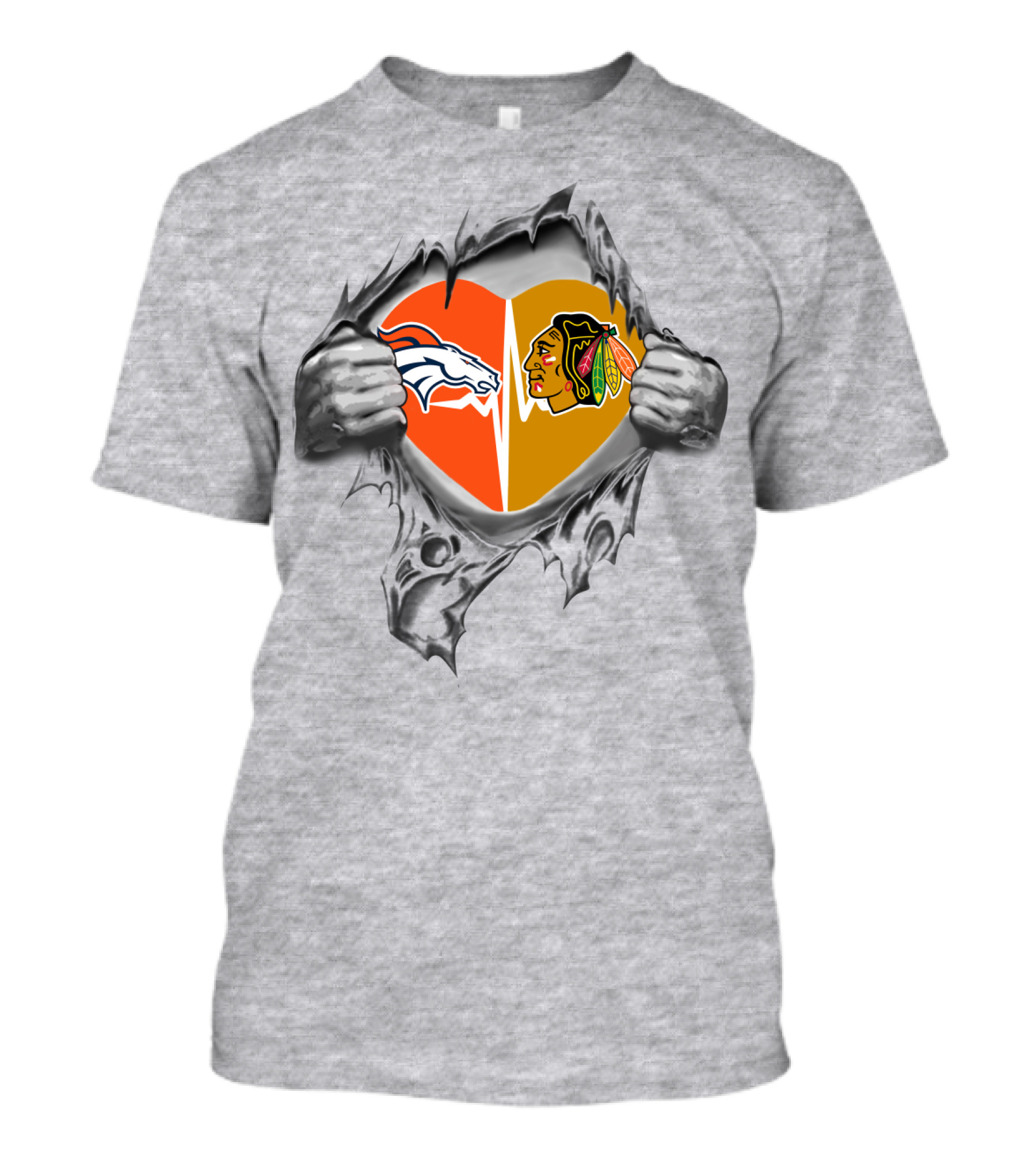 Broncos Blackhawks Heart Logos Torn Metal Effect T-Shirt