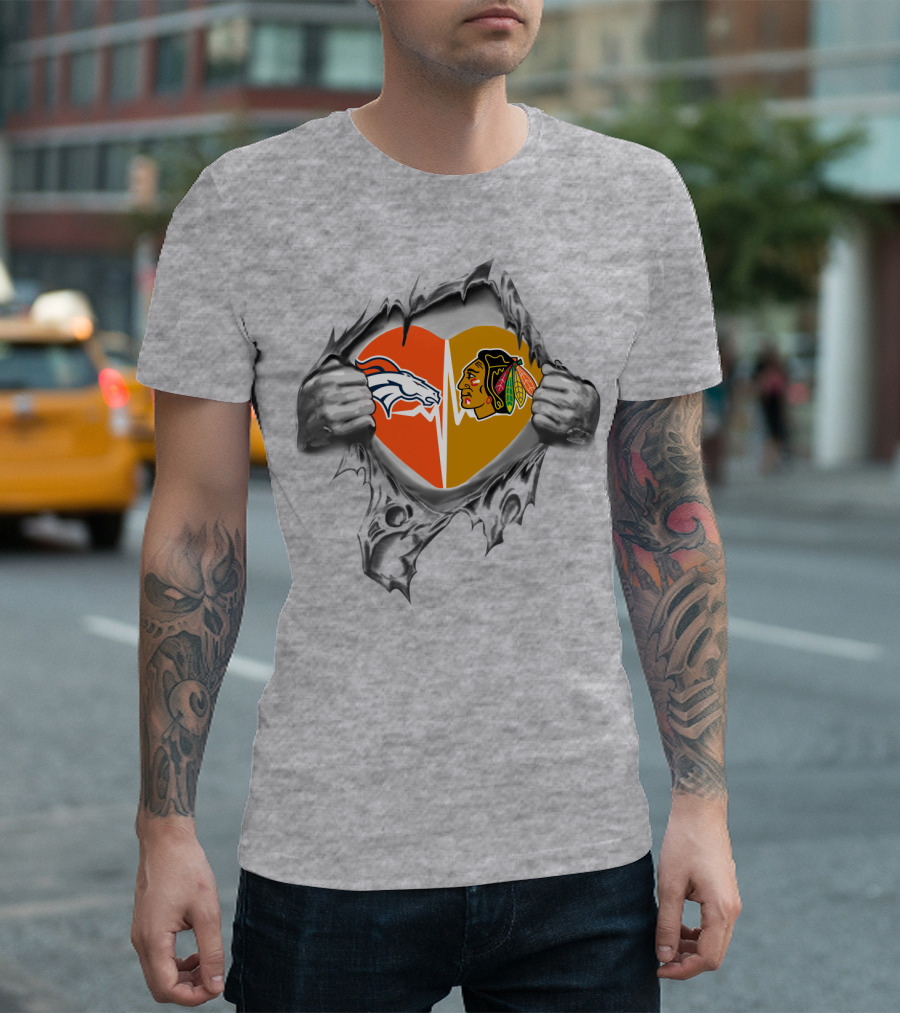 Broncos Blackhawks Heart Logos Torn Metal Effect T-Shirt