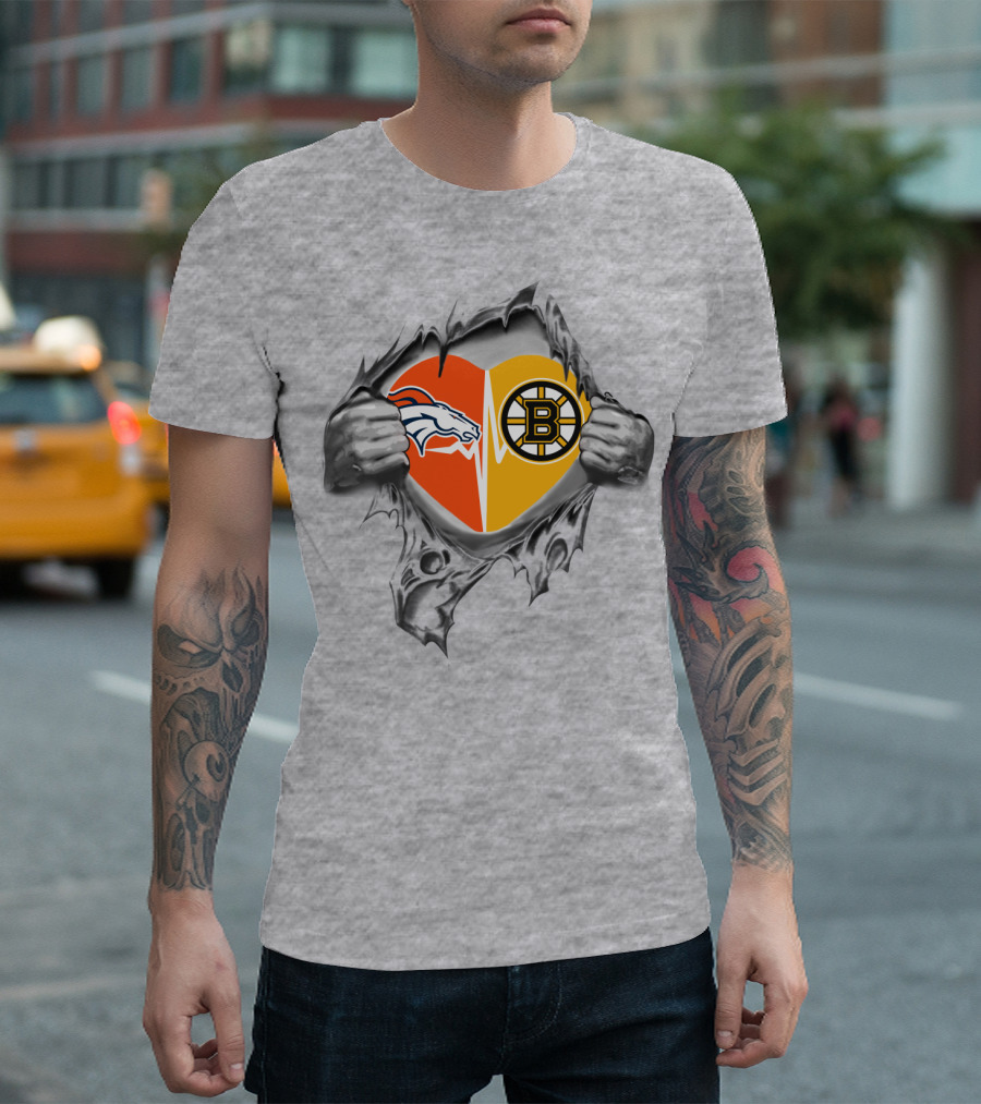 Broncos Bruins Heart Split Symbol Pulled Open T-Shirt