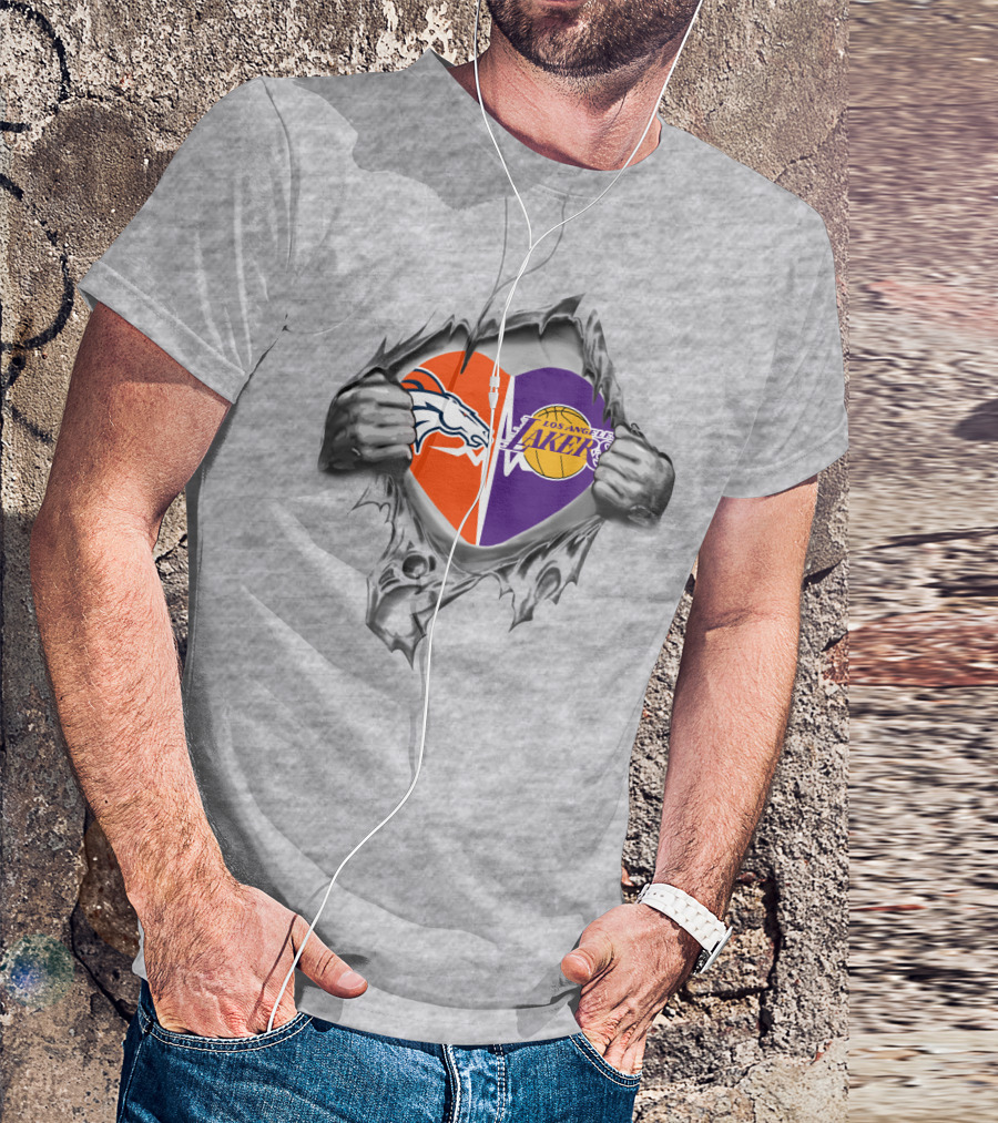 Broncos Lakers Heart With Iconic Logos And Hands Tearing Passionately T-Shirt