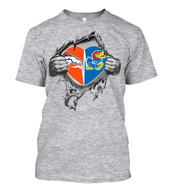 Denver Broncos Kansas Jayhawks Heart Logo Split Fan T-Shirt