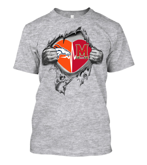Broncos Maryland Heart Logo Peeking Through Torn Fabric T-Shirt