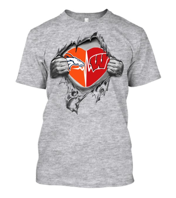 Broncos Badgers Heart Emblem Burst Through With Love Nfl Ncaa Team Pride T-Shirt