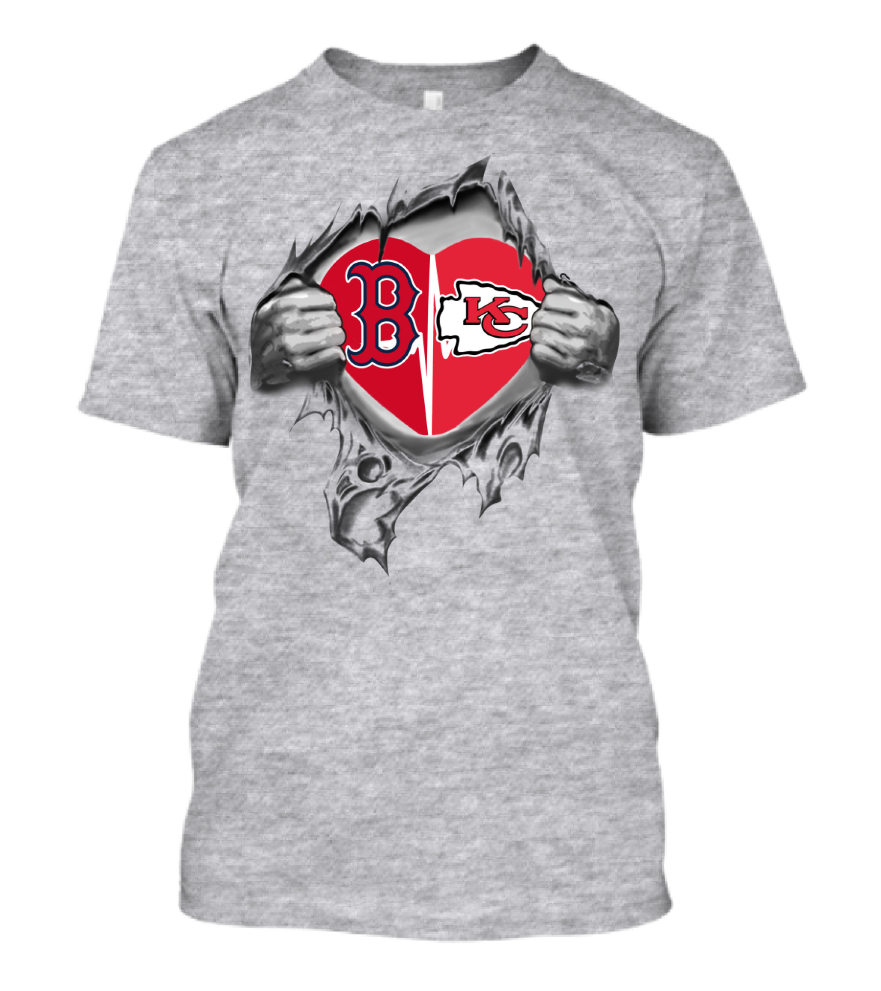 Red Sox And Chiefs Heart Torn Open With B And Kc Logos T-Shirt