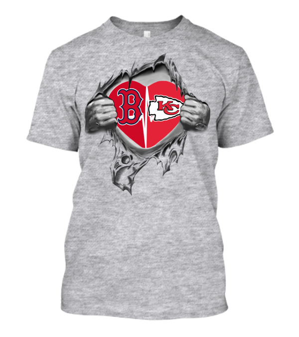 Red Sox And Chiefs Heart Torn Open With B And Kc Logos T-Shirt