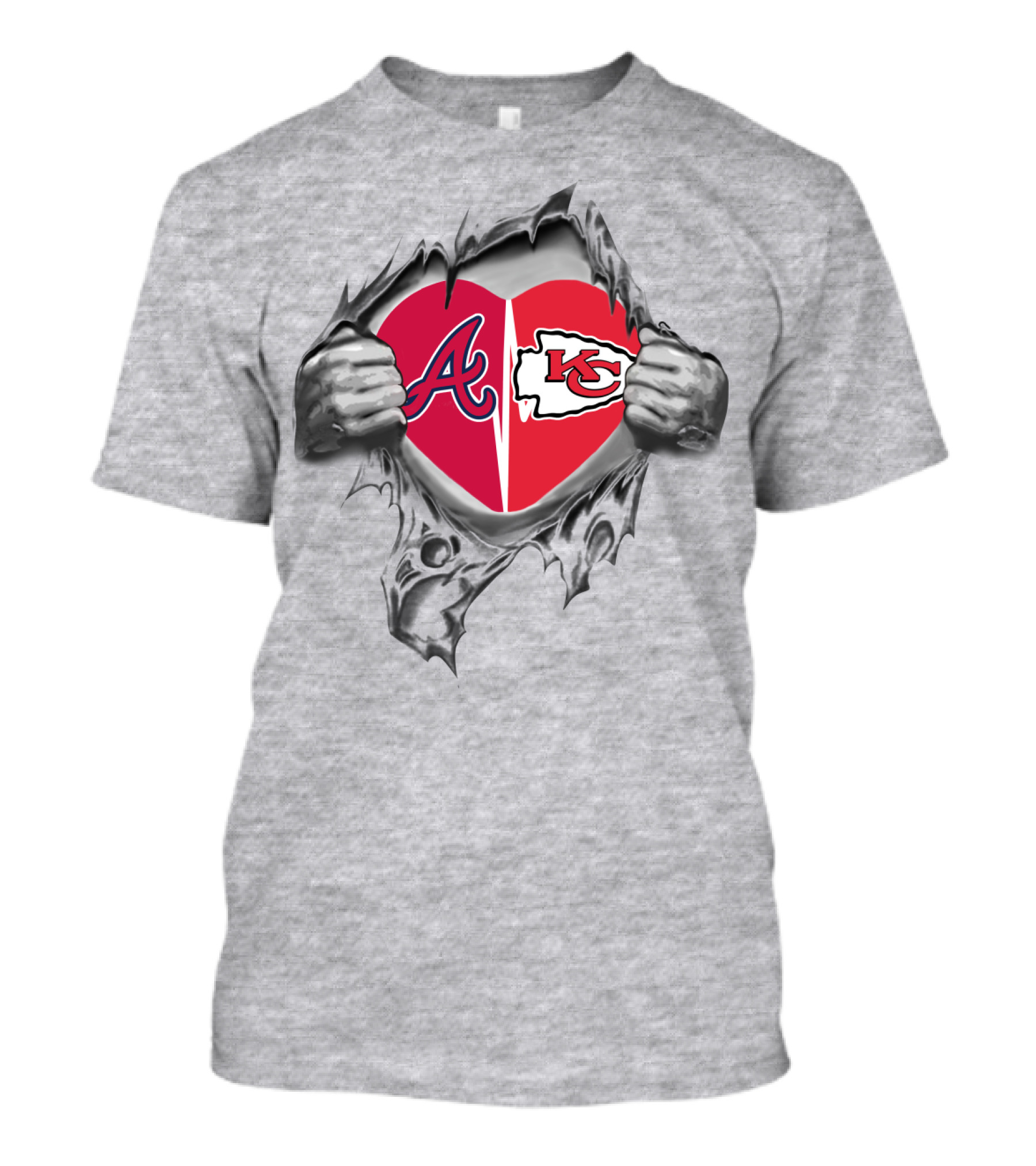 Braves Chiefs Heart Logos Through Torn Fabric T-Shirt