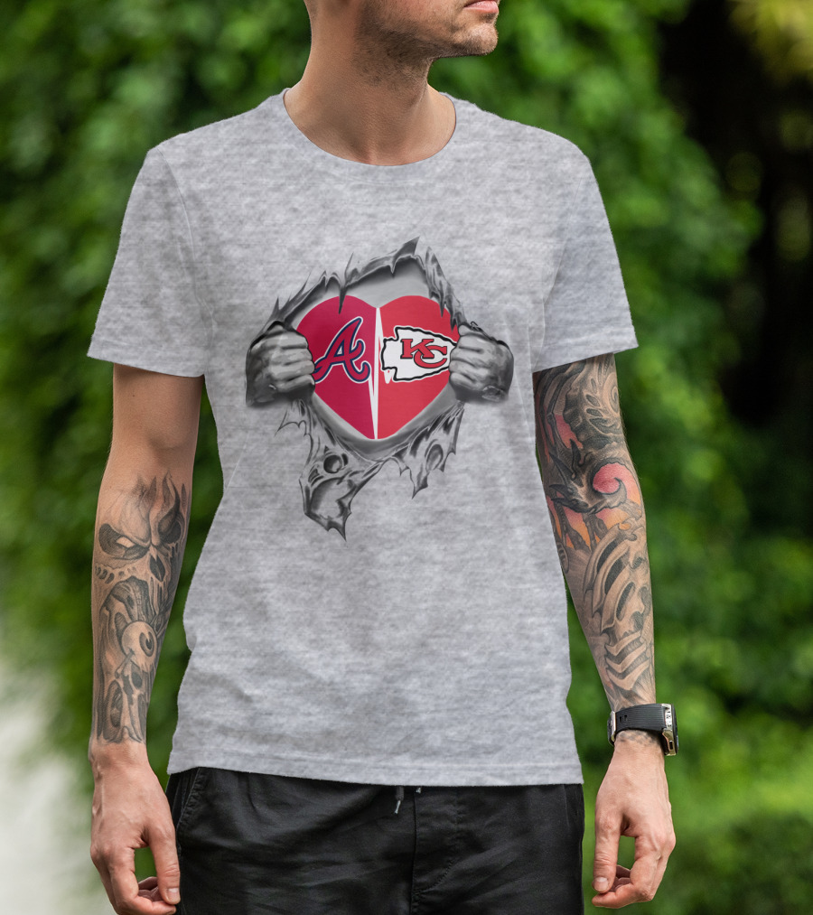 Braves Chiefs Heart Logos Through Torn Fabric T-Shirt