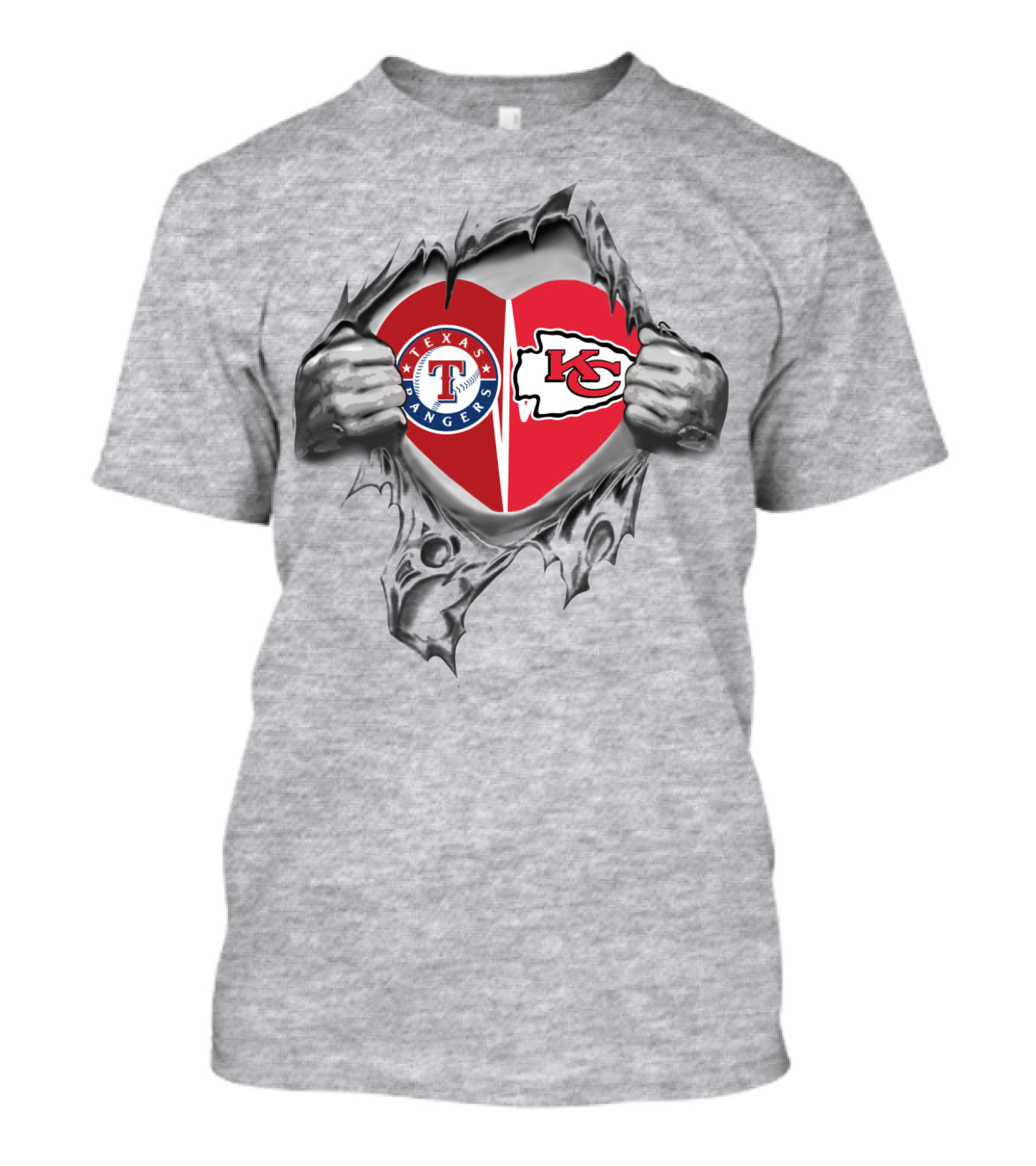 Texas Rangers Kansas City Chiefs Heart Logo Combination T-Shirt
