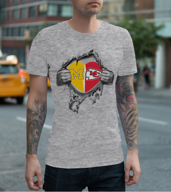 Chiefs Michigan M Heart Kansas City Football Fan Football Team Logos T-Shirt