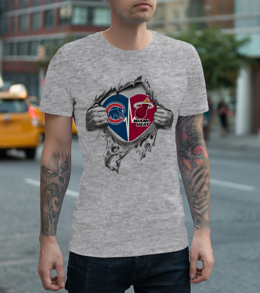 Cubs Miami Heat Heart Hands Tearing Baseball Basketball Fusion T-Shirt