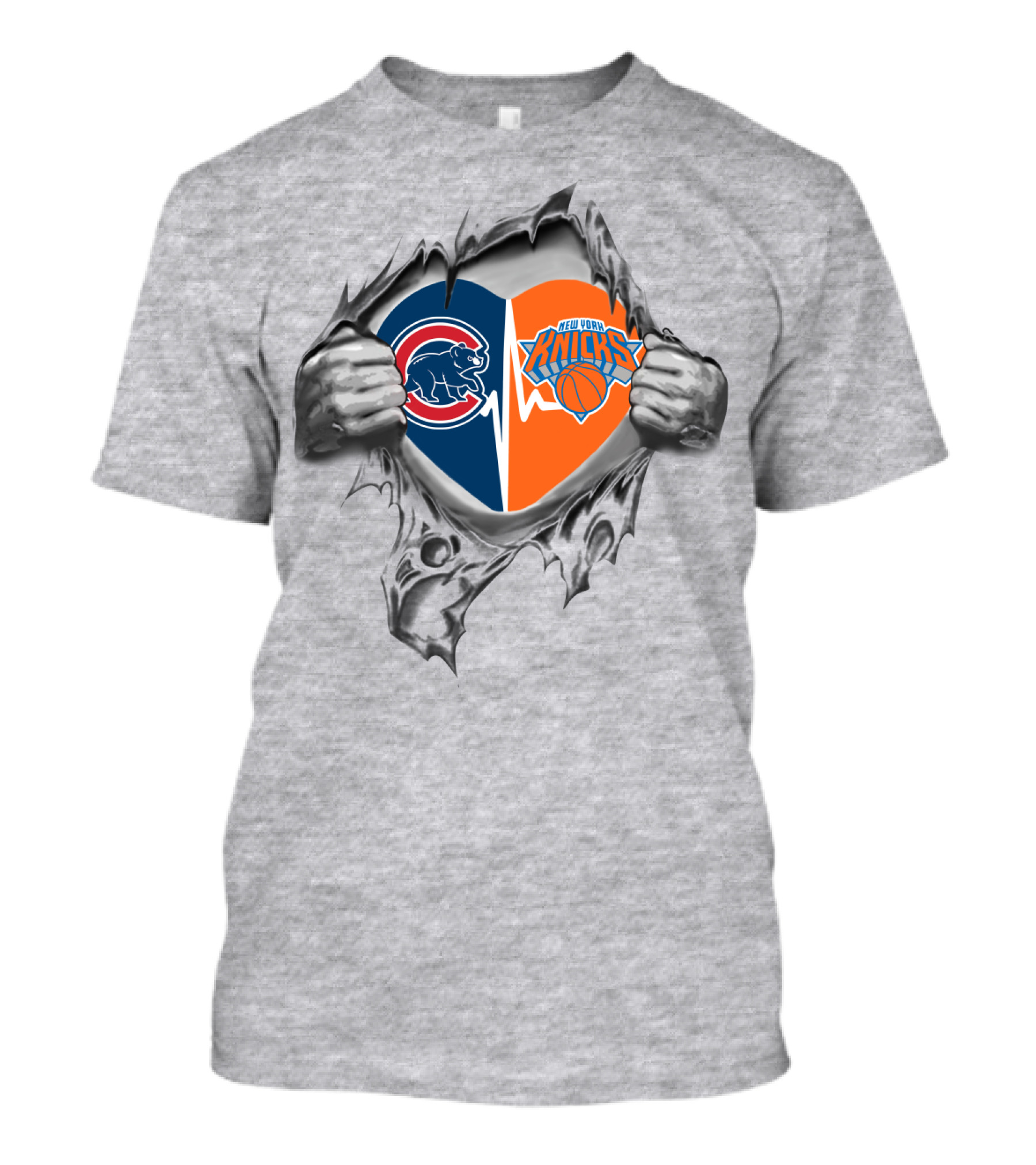 Cubs Knicks Logos Heart Design With Hands Ripping Through Gray Background T-Shirt