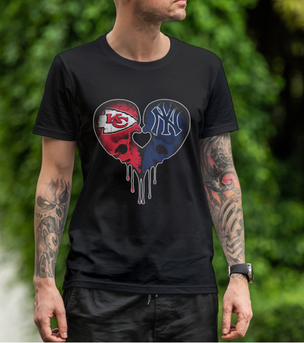 Chiefs Yankees Dripping Skull Heart Love T-Shirt
