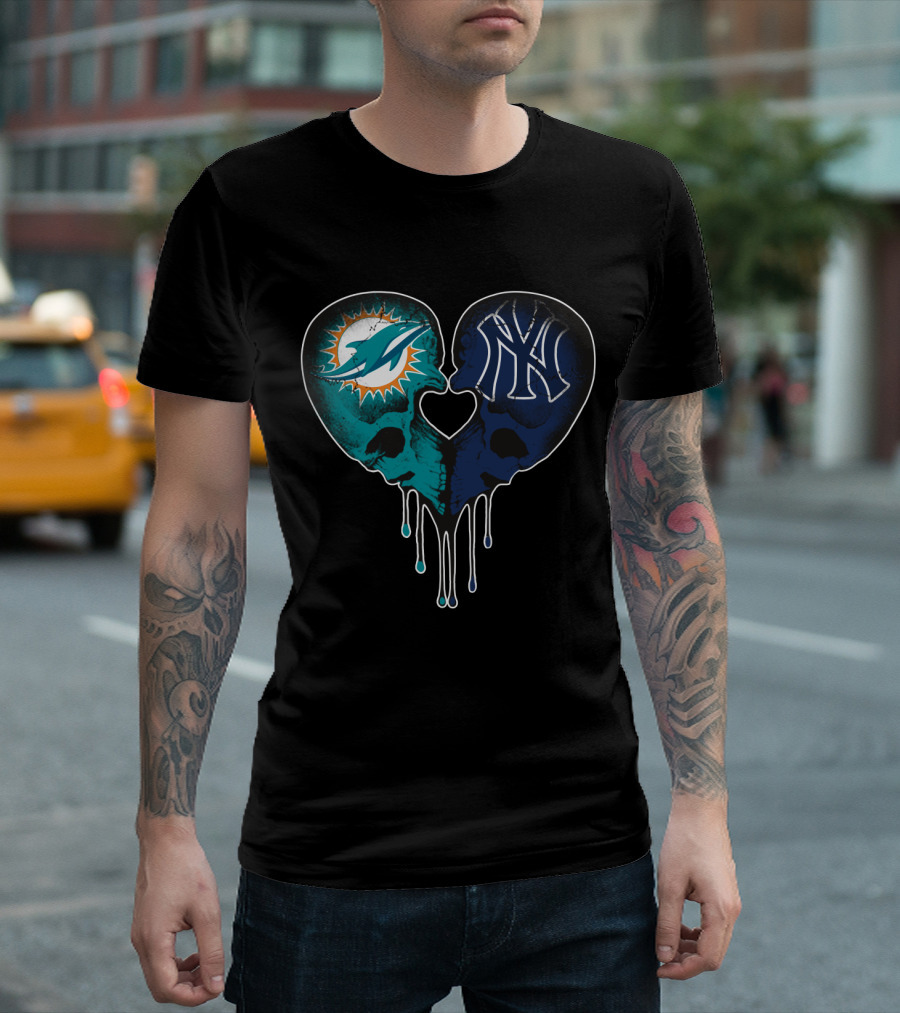 Dolphins Yankees Skull Heart Love T-Shirt