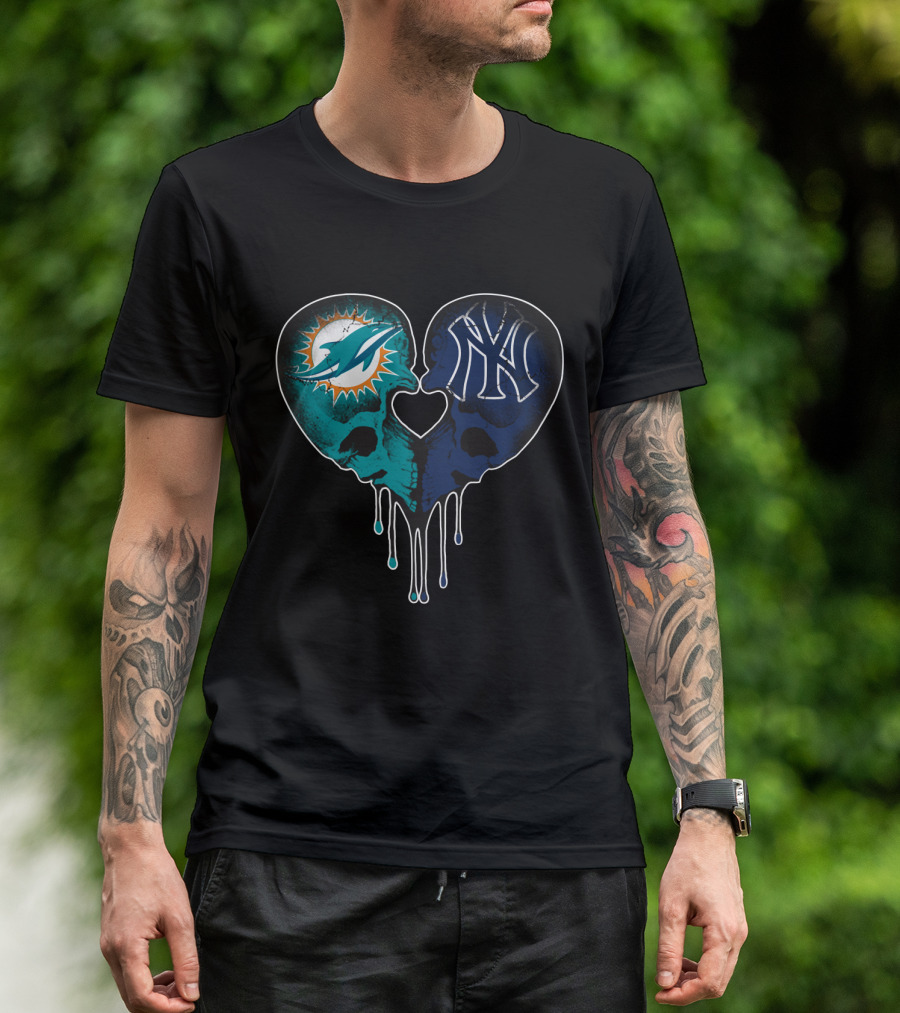 Dolphins Yankees Skull Heart Love T-Shirt