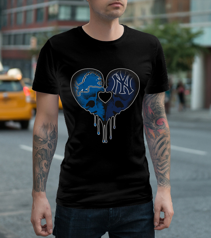 Detroit Lions New York Yankees Skull Heart Fusion T-Shirt