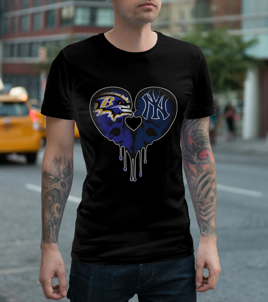 Ravens Yankees Skull Love Heart Dripping T-Shirt