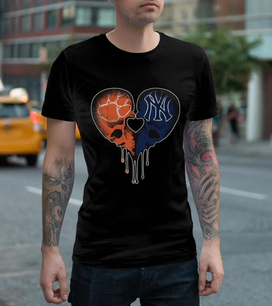 Clemson Tigers Skull And Yankees Skull Heart Love T-Shirt