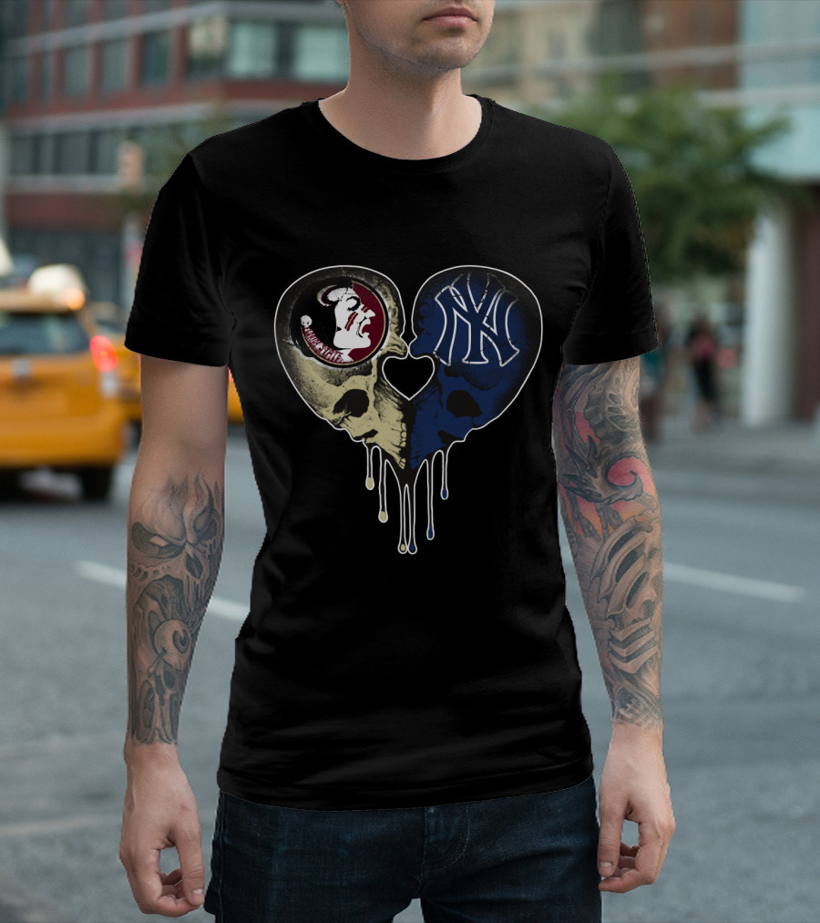 Seminoles Yankees Heart-Shaped Skull Drip T-Shirt