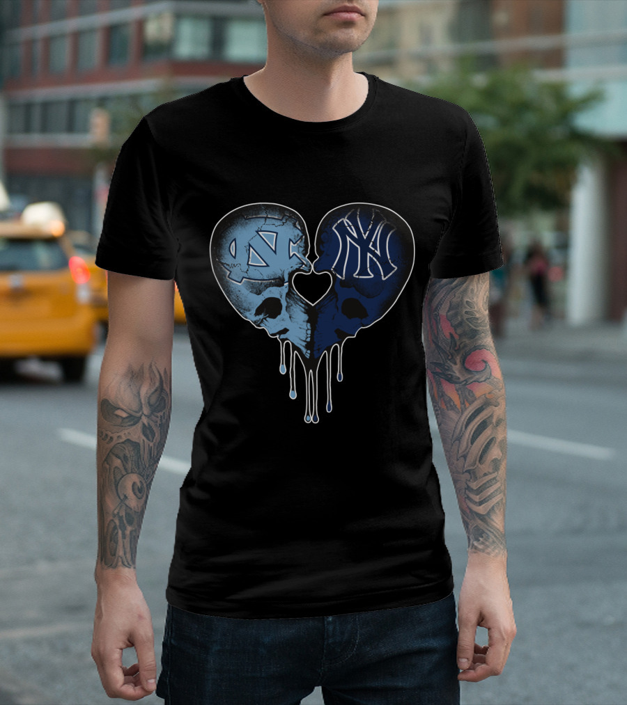Yankees Tar Heels Skull Heart Drip T-Shirt