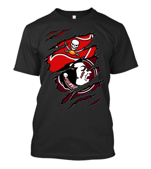 Buccaneers Seminoles Torn Logos Featuring Skull Pirate And Warrior Head T-Shirt
