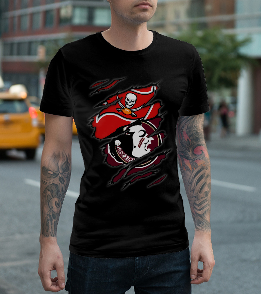 Buccaneers Seminoles Torn Logos Featuring Skull Pirate And Warrior Head T-Shirt