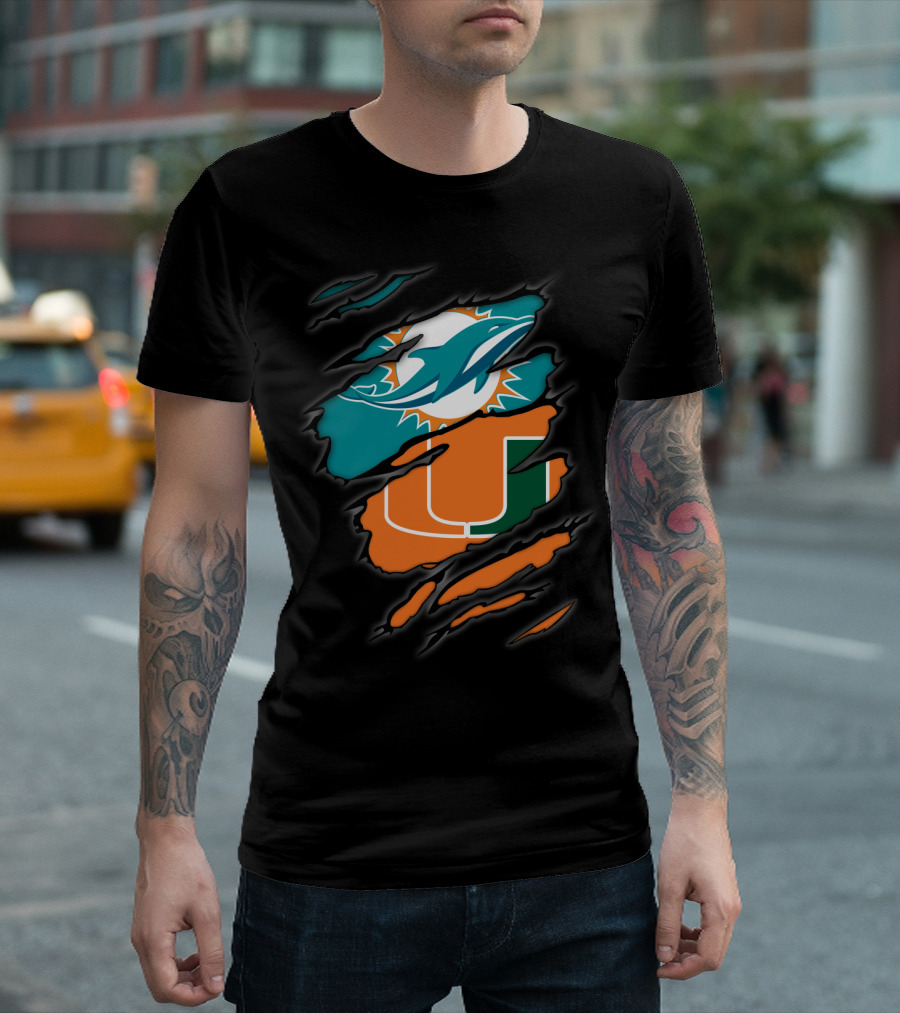 Miami Dolphins Miami Hurricanes Logo Fusion T-Shirt