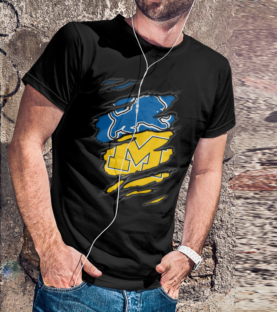 Detroit Lions Michigan Wolverines Football Fan Logo Crossover T-Shirt