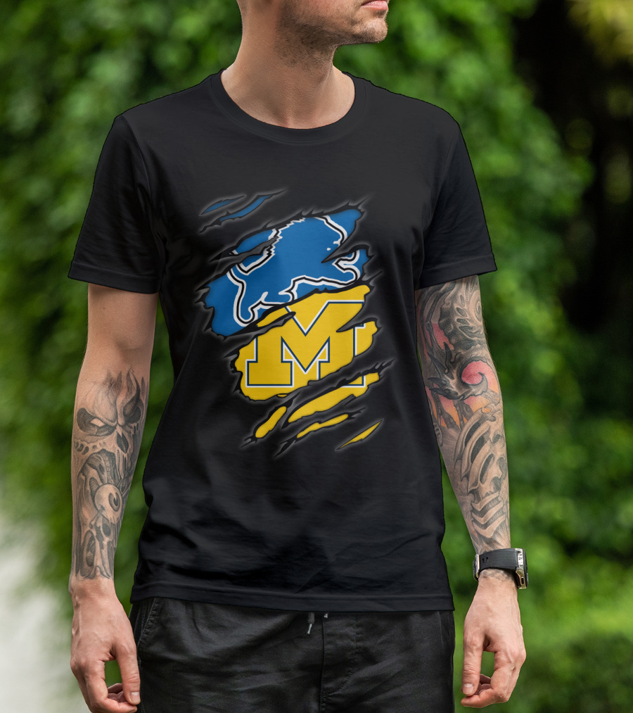 Detroit Lions Michigan Wolverines Football Fan Logo Crossover T-Shirt