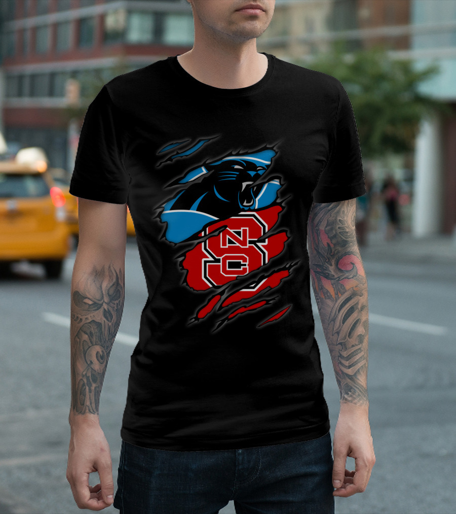 Carolina Panthers Nc State Wolfpack Hybrid Logo Ripped T-Shirt