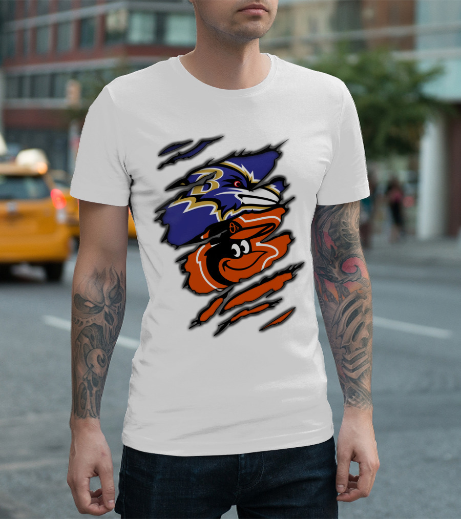 Baltimore Ravens Orioles Logos Ripped T-Shirt