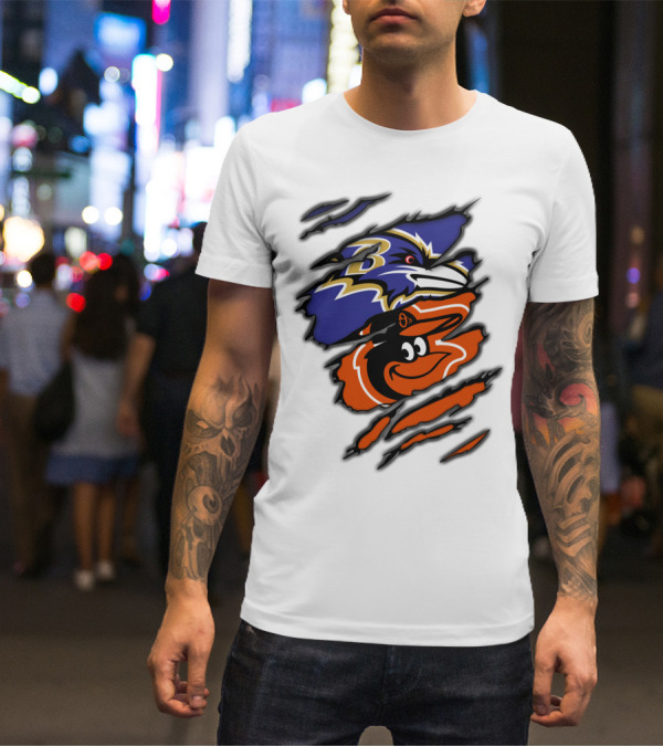 Baltimore Ravens Orioles Logos Ripped T-Shirt